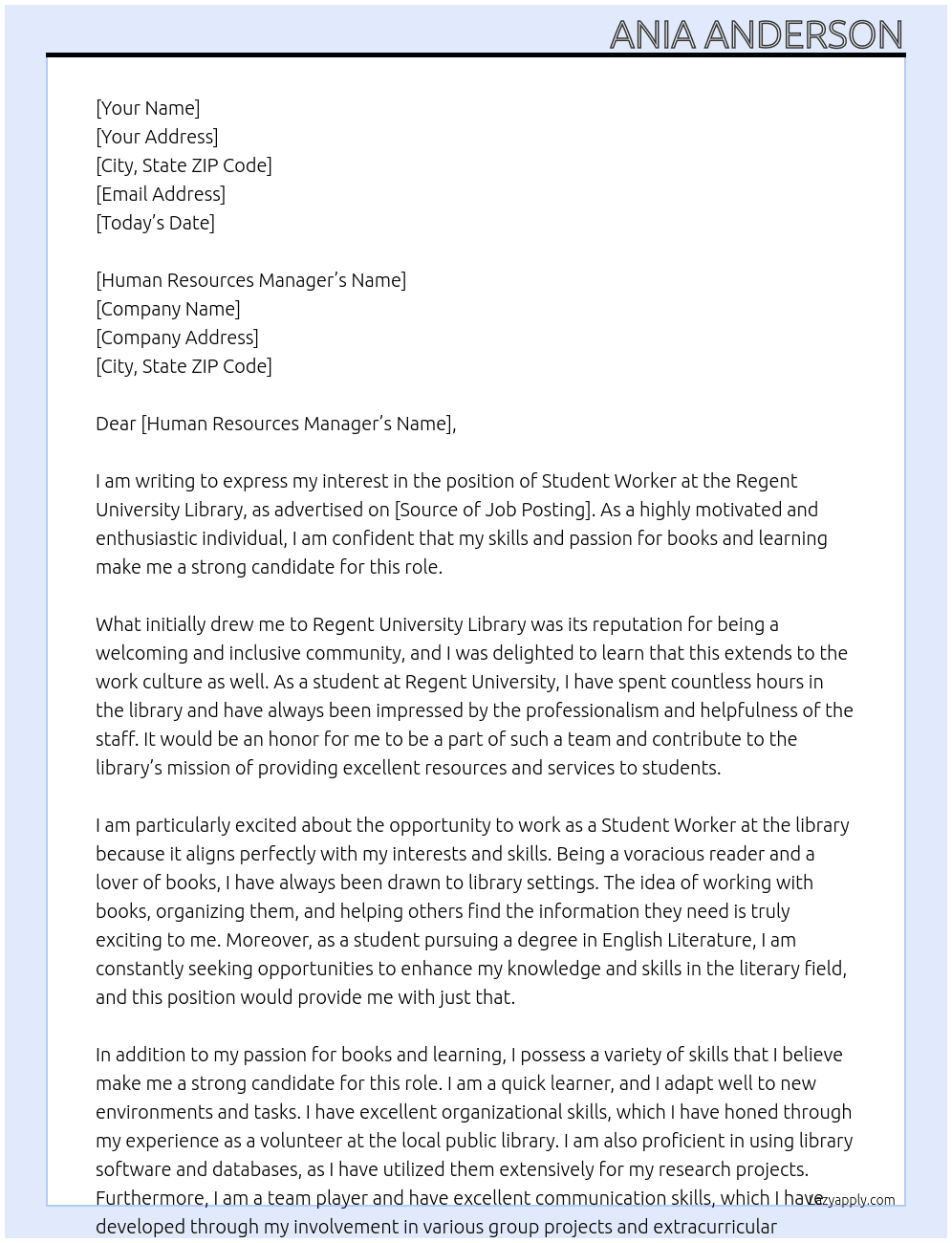 Student Worker (Library) At Regent University Library Cover Letter