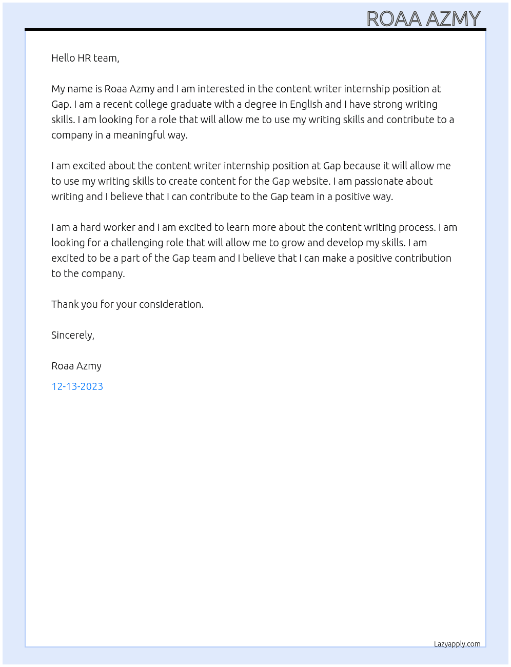 Content writer  At Gap Cover Letter