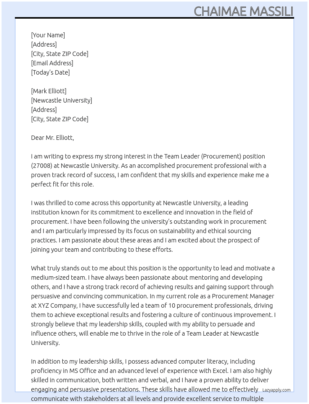 Team Leader (Procurement) (27008) At Newcastle university Cover Letter