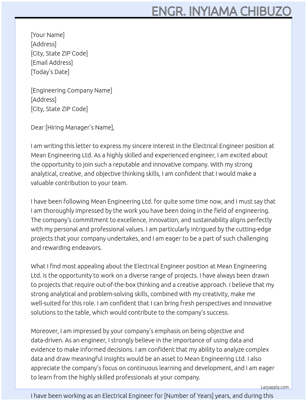 Electrical Engineer At Mean Engineering Ltd. Cover Letter