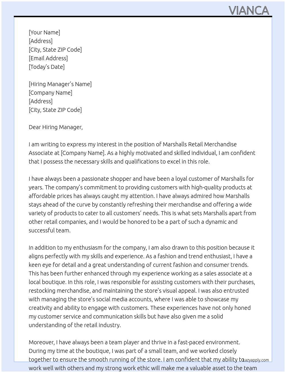 Marshalls Retail Merchandise Associate  At Marshalls Cover Letter