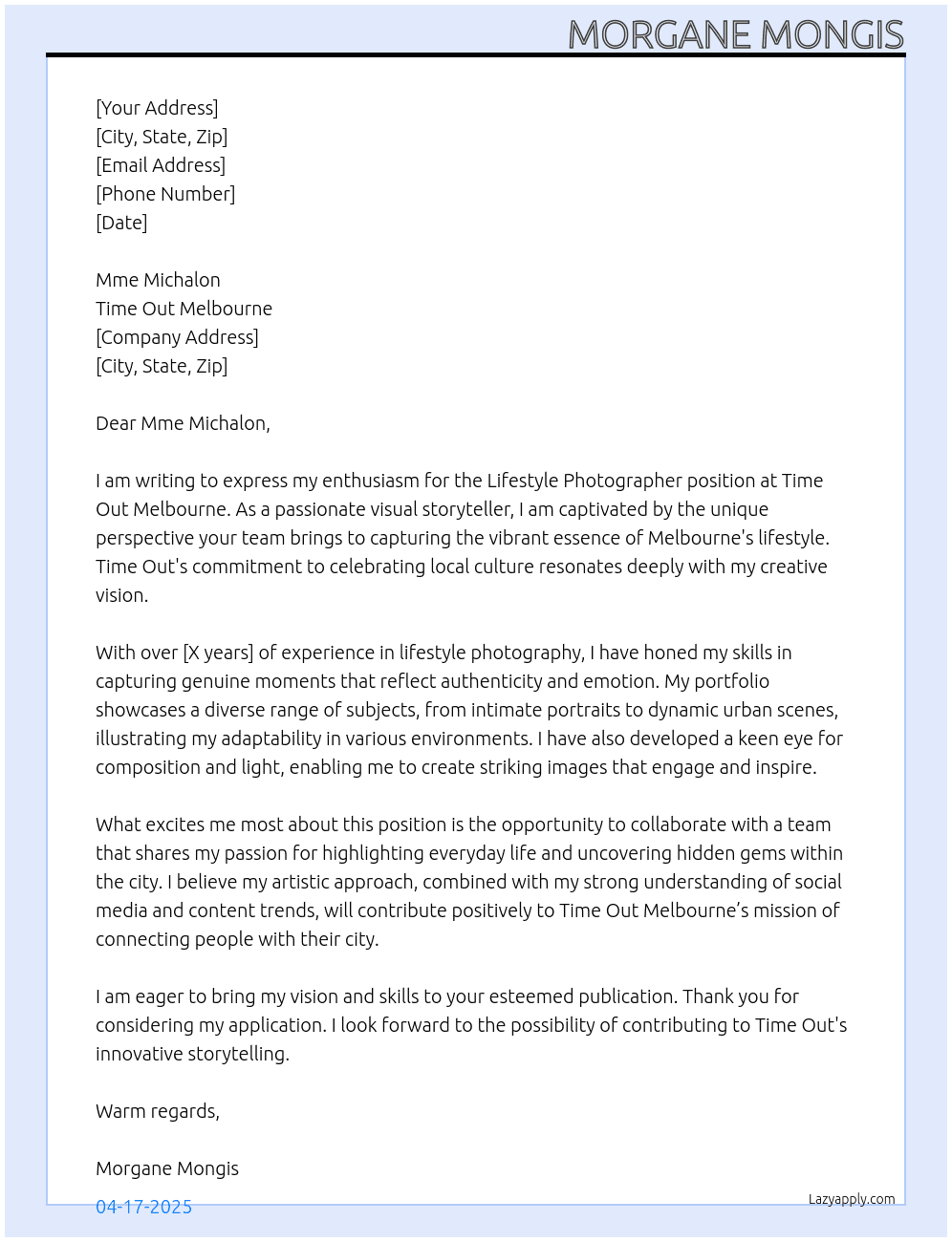Lifestyle Photographer At Time Out Melbourne Cover Letter