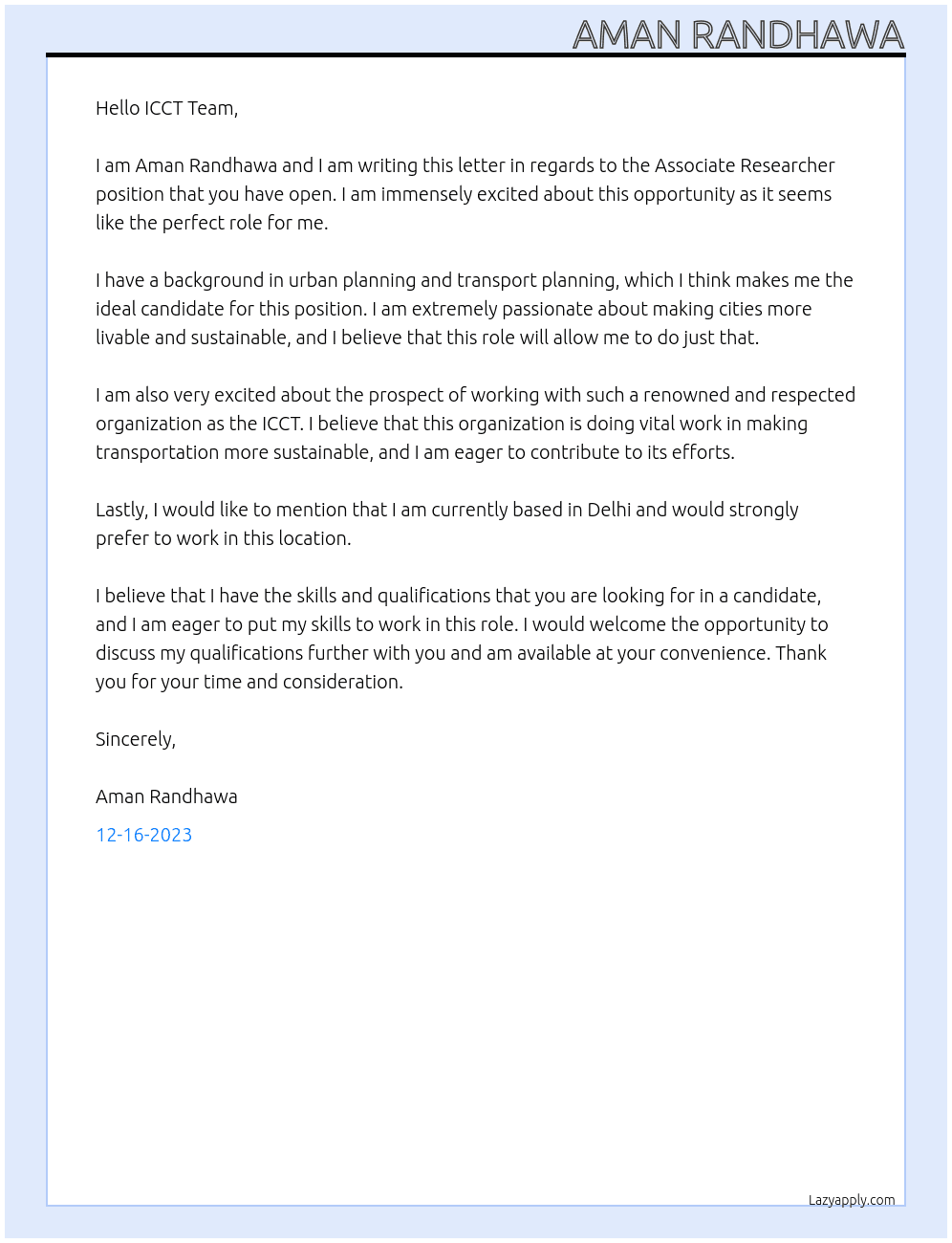 Associate Researcher At The International Council on Clean Transportation Cover Letter