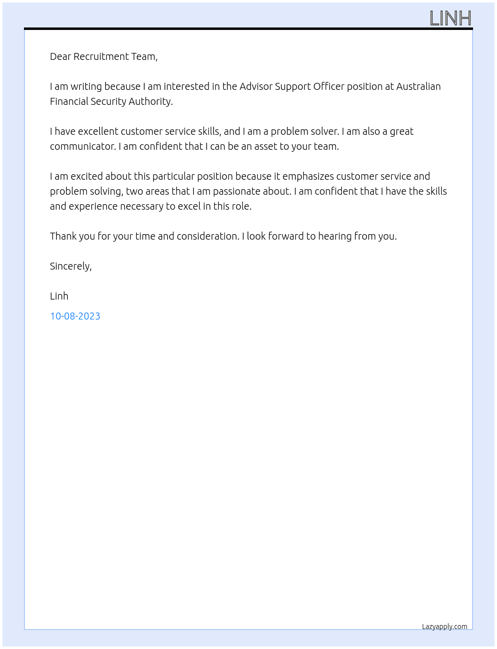 advisor support officer At Australian Financial Security Authority Cover Letter