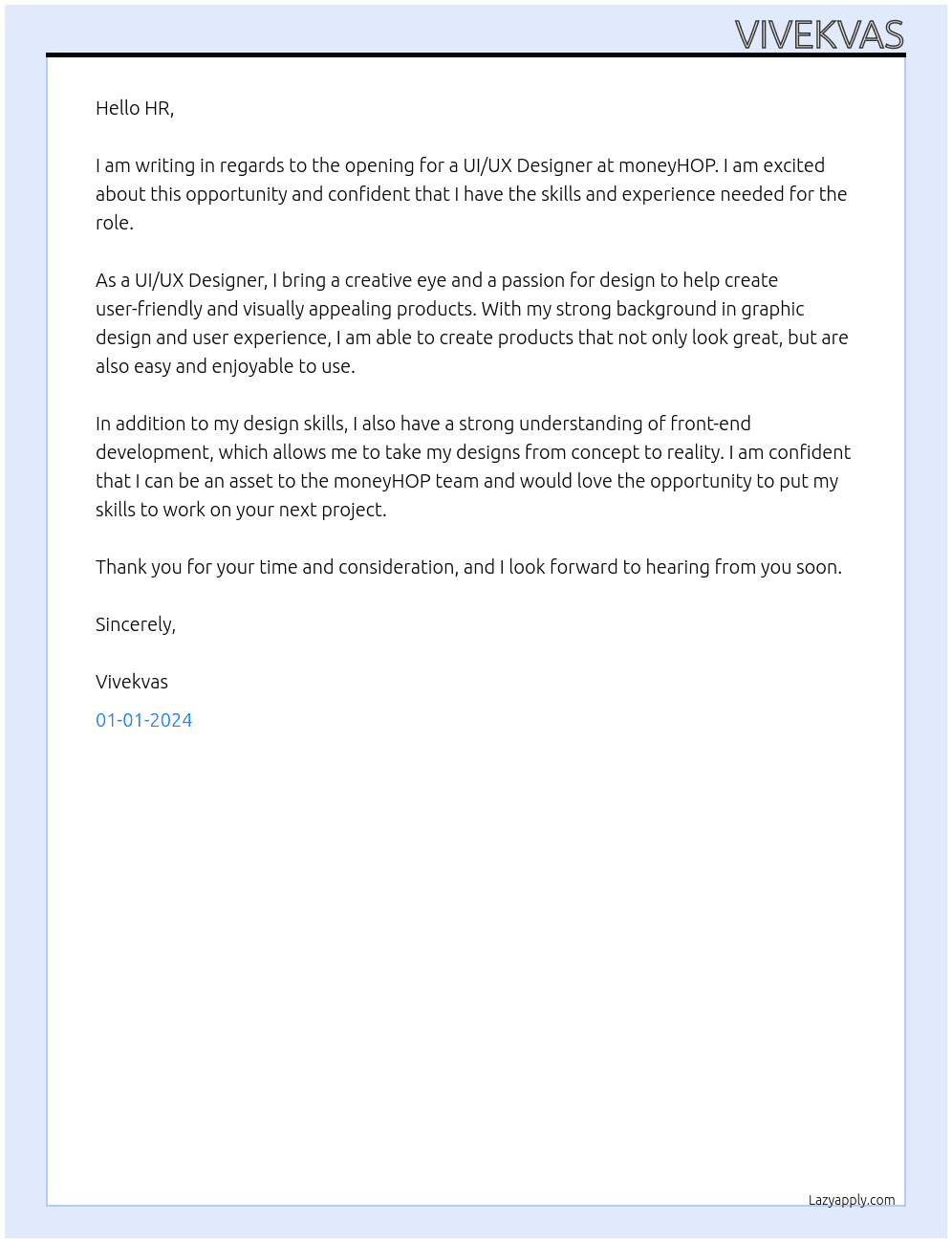 ui ux designer At moneyHOP Cover Letter