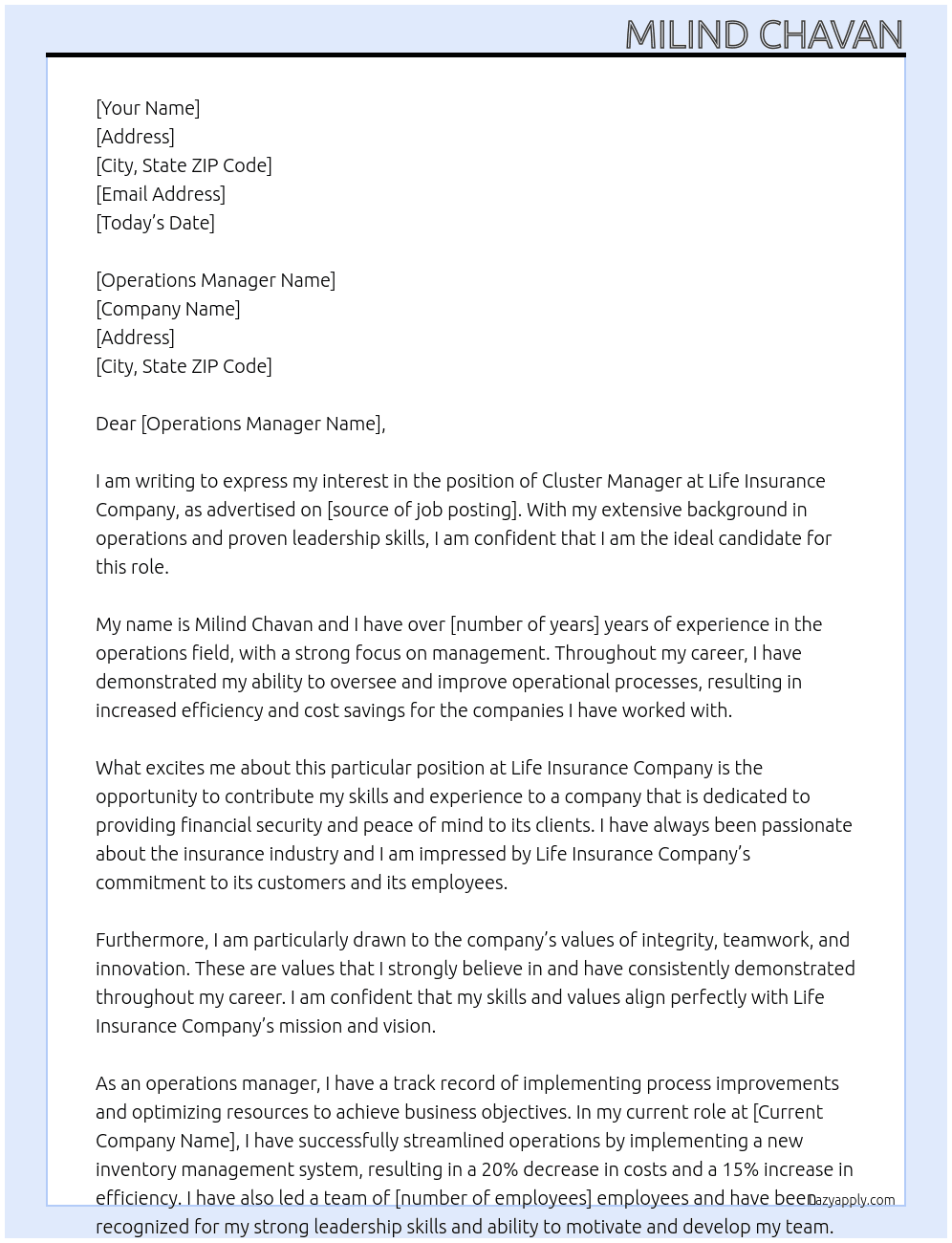 Cluster manager At Life Insurance compant Cover Letter