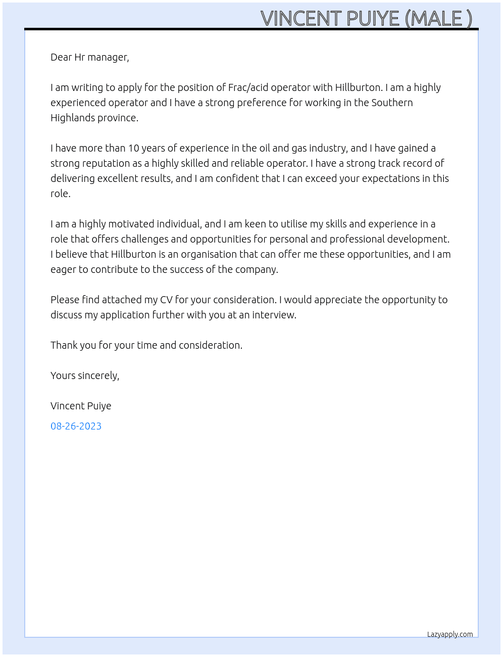 Frac/acid operator  At Hillburton  Cover Letter