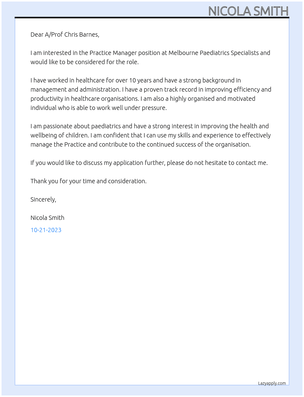 Practice Manager At Melbourne Paediatrics Specialists  Cover Letter