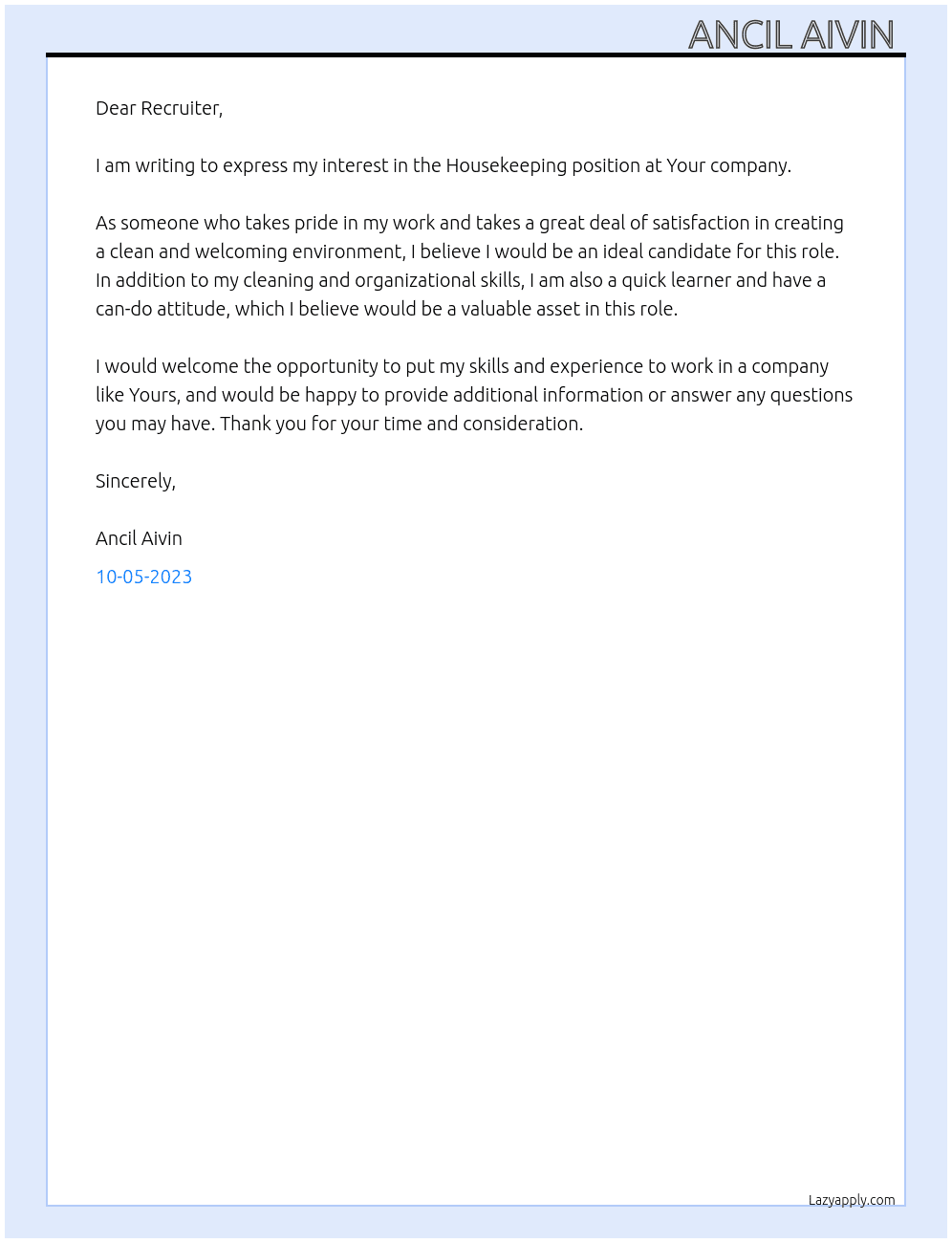 House keeping  At Your company  Cover Letter