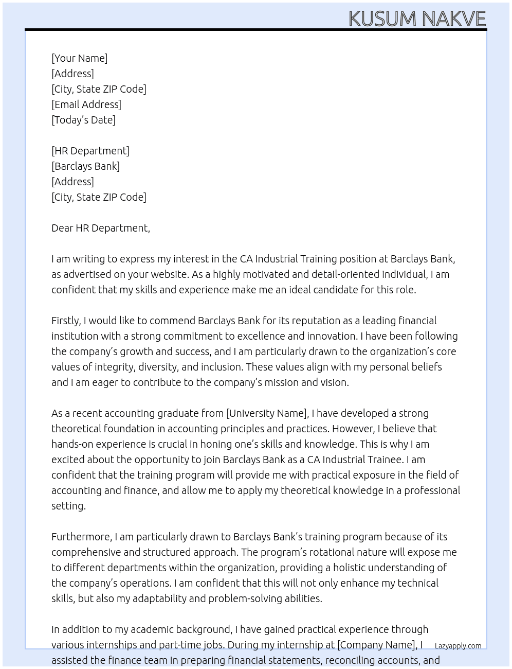 CA Industrial Training At Barclays Bank Cover Letter