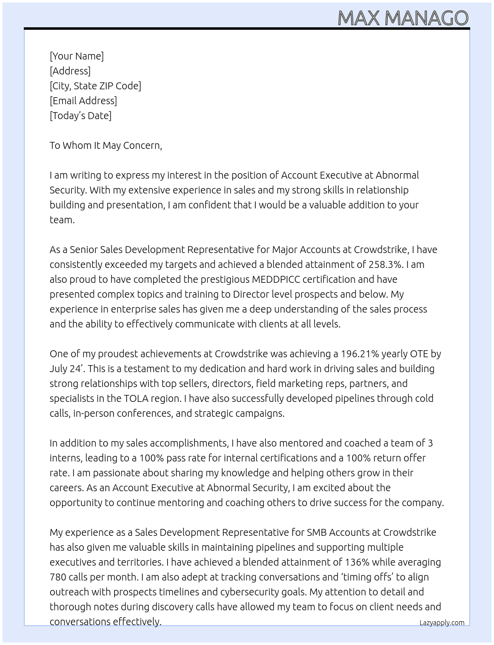 Account Executive At Abnormal Security  Cover Letter