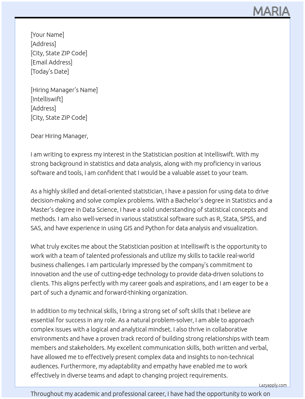 Stitistician At Intelliswift Cover Letter