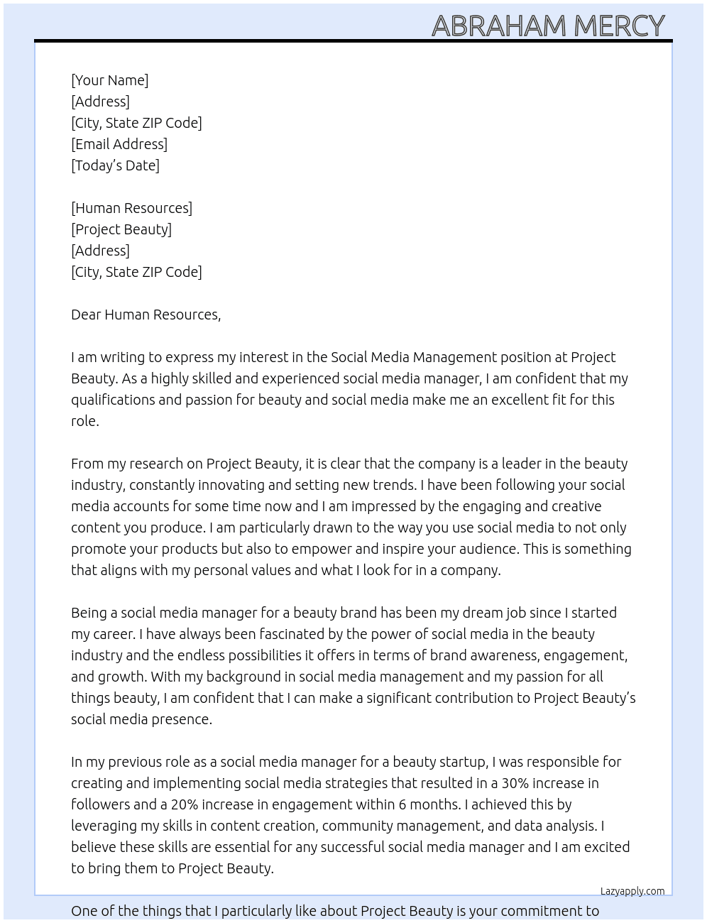 Social media management  At Project beauty  Cover Letter