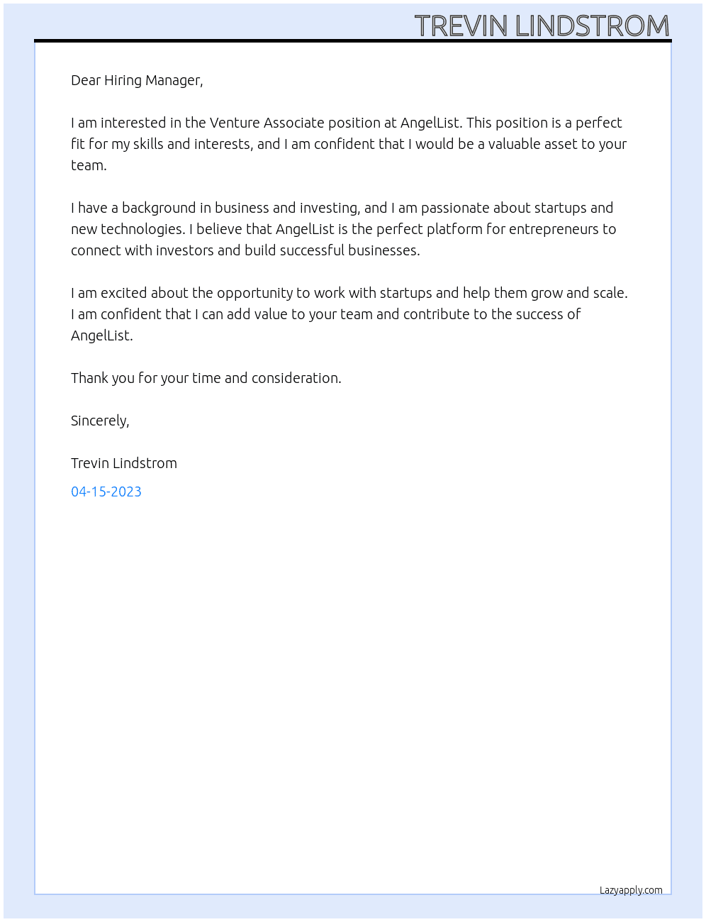Venture Associate At AngelList Cover Letter