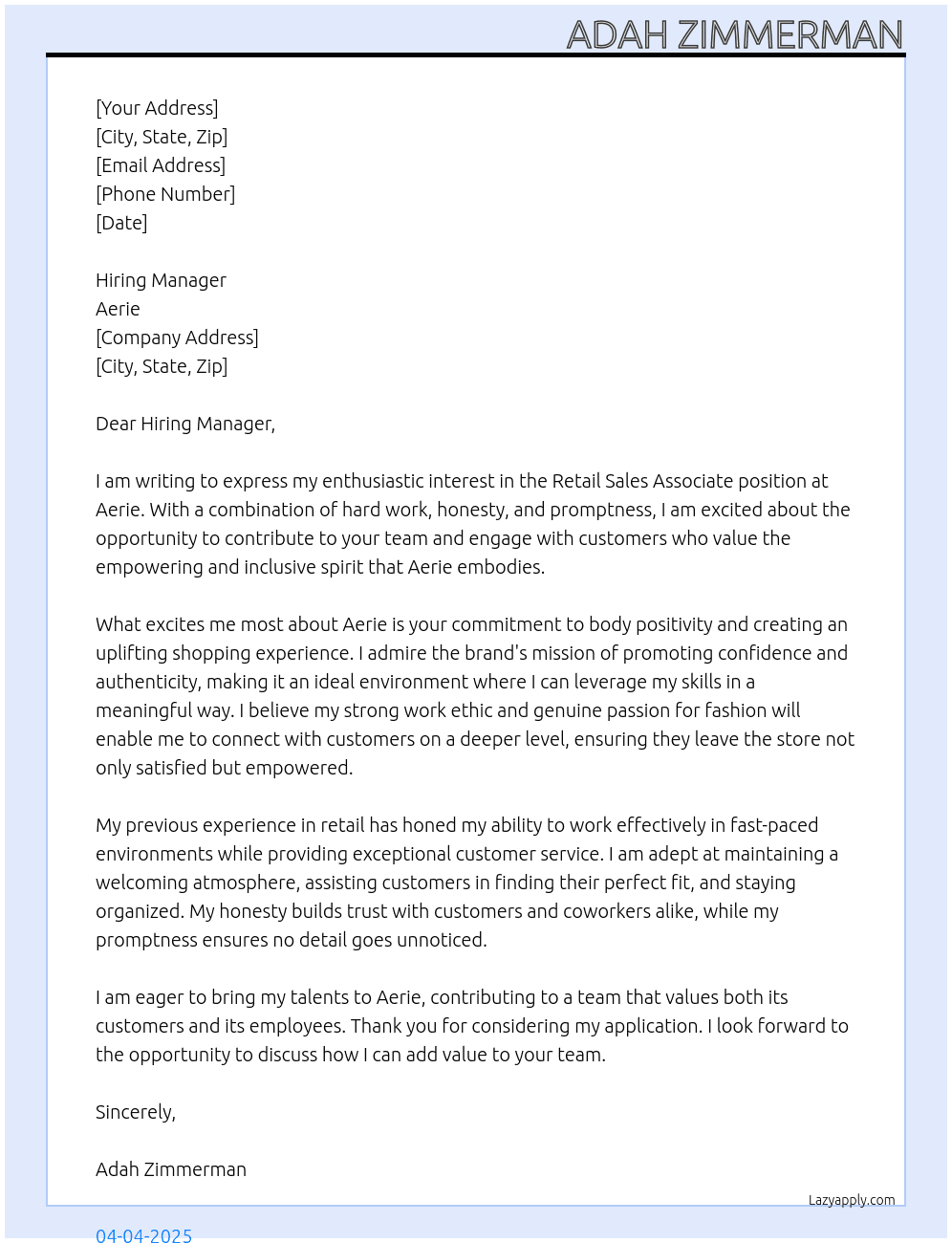 Retail Sales Associate  At Aerie Cover Letter
