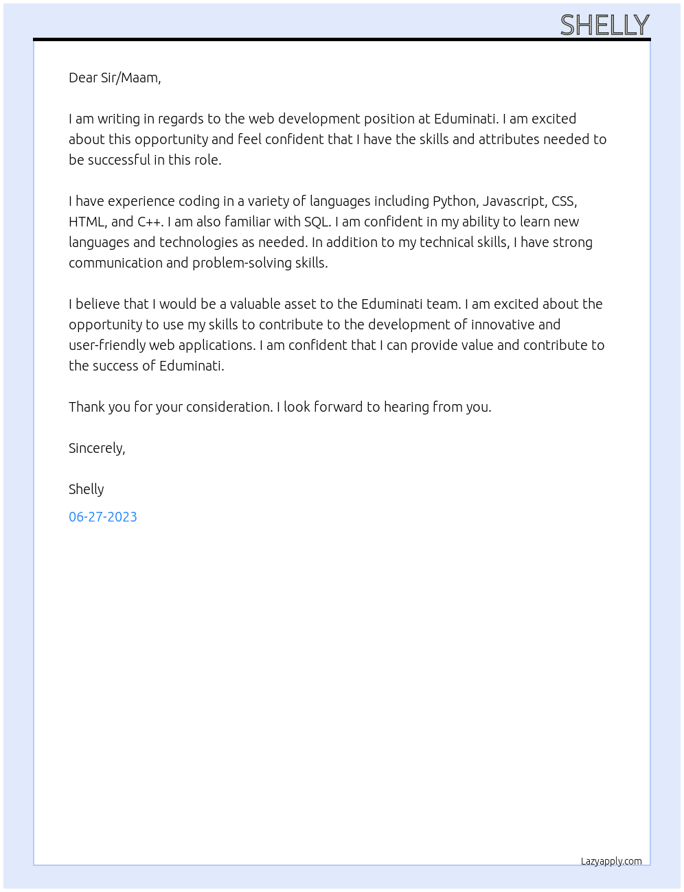 web development At eduminati Cover Letter