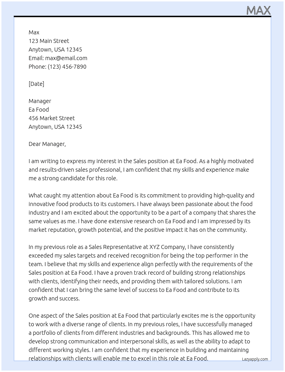 sales At Ea Food Cover Letter