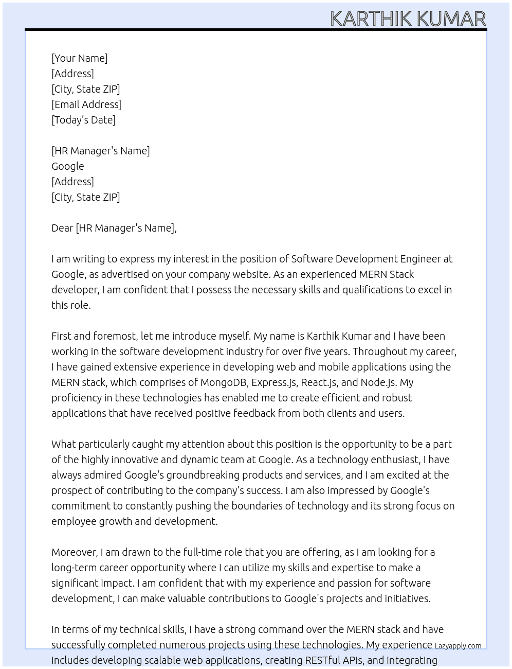 Software Development Engineer At Google Cover Letter