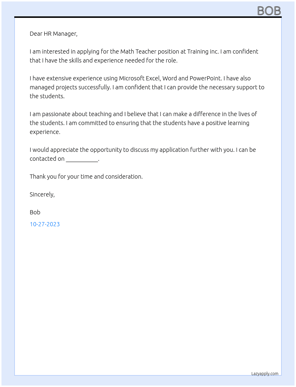 Math Teacher At Training inc Cover Letter