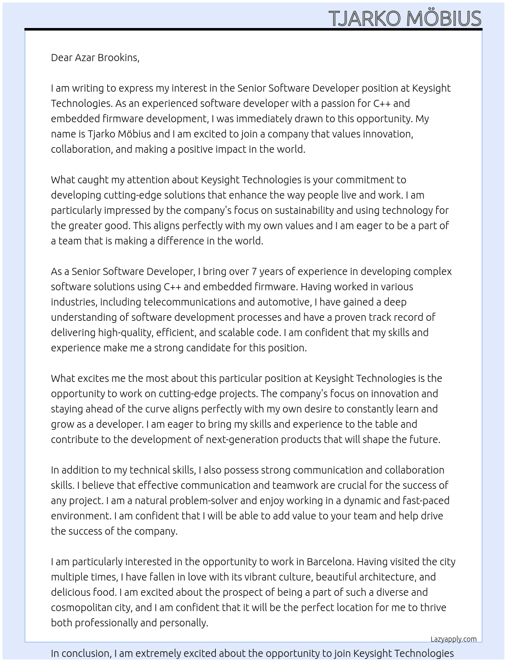 Senior Software Developer At Keysight technologies Cover Letter