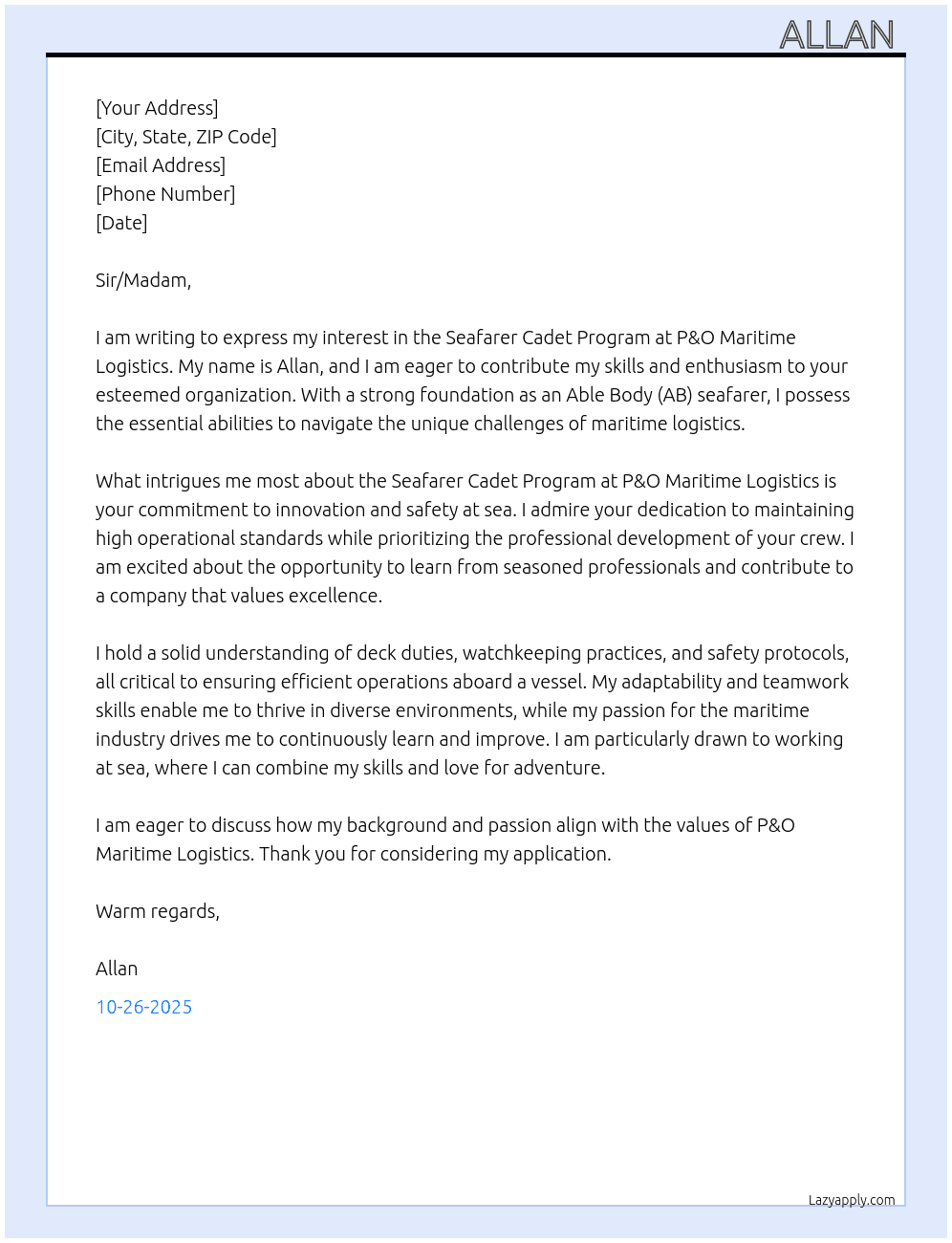 Seafarer cadet program  At P&O Maritime logistics  Cover Letter