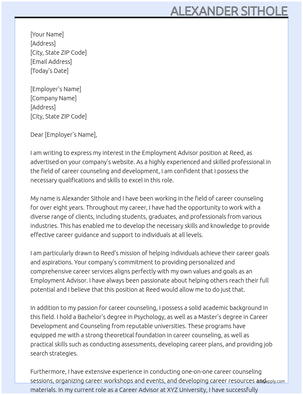 Employment Advisor  At Reed Cover Letter