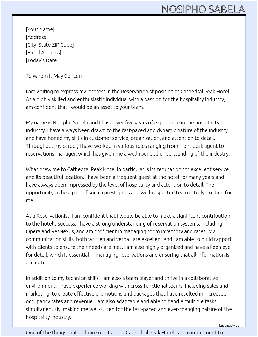 Reservationist At Cathedral Peak Hotel Cover Letter