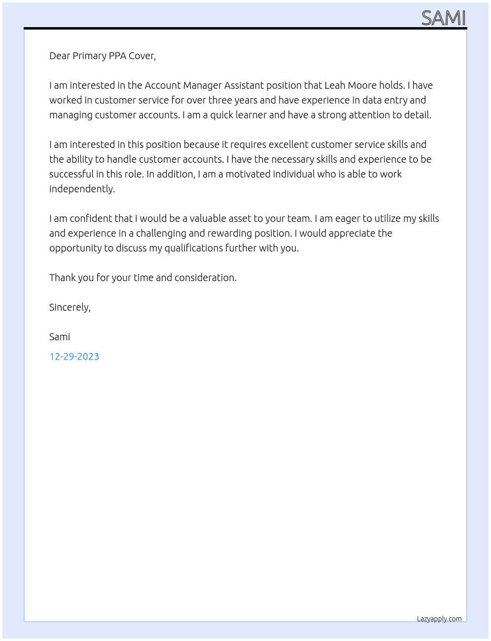 Account Manager Assistant At Primary PPA Cover Cover Letter