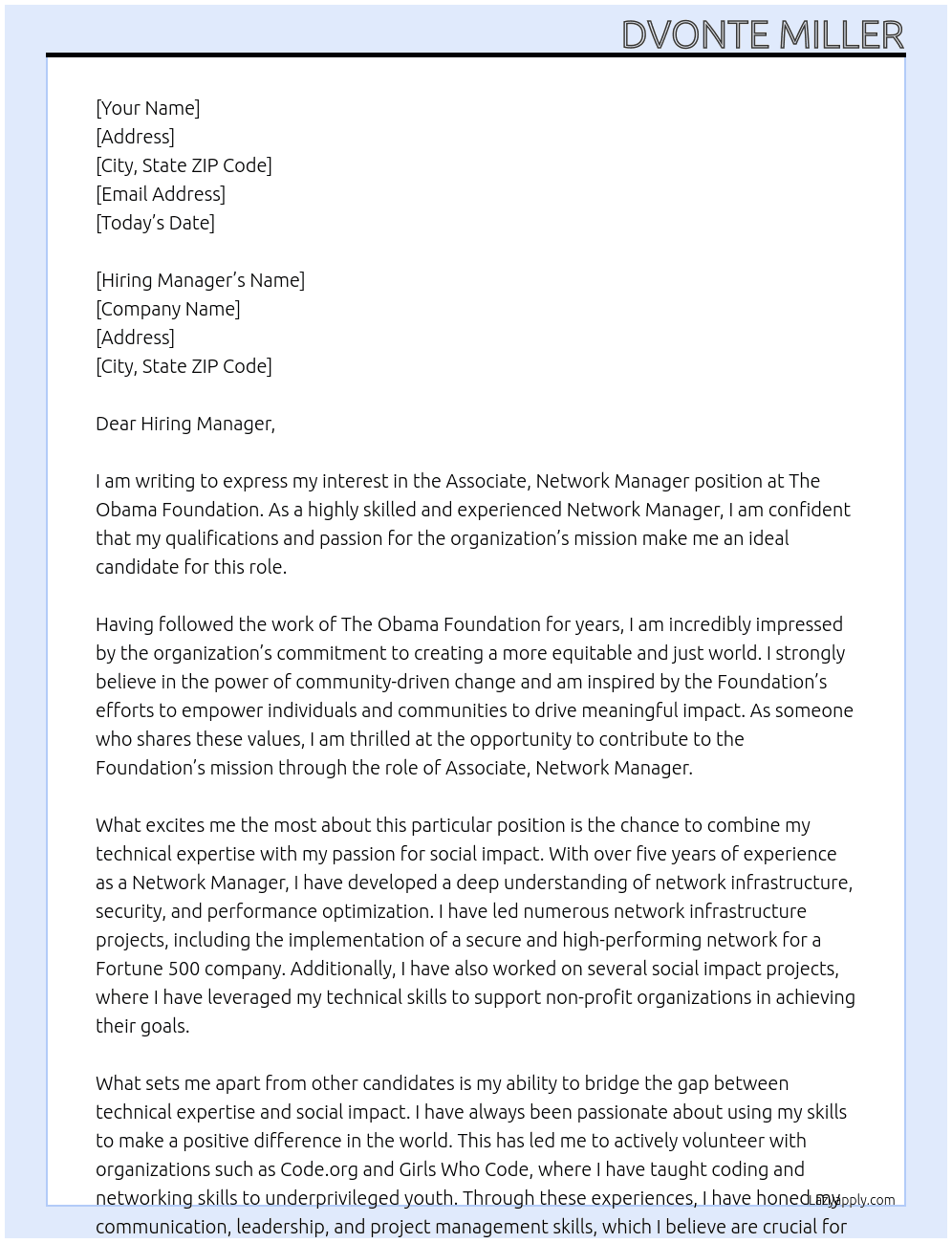 Associate, Network Manager At The Obama Foudation Cover Letter