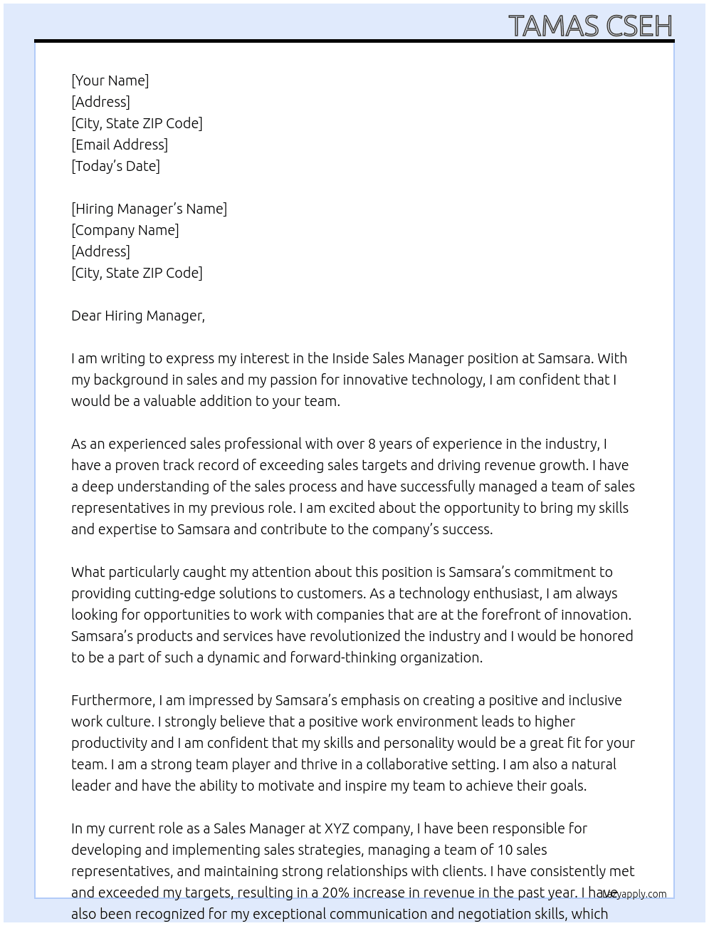 Inside Sales Manager At Samsara Cover Letter
