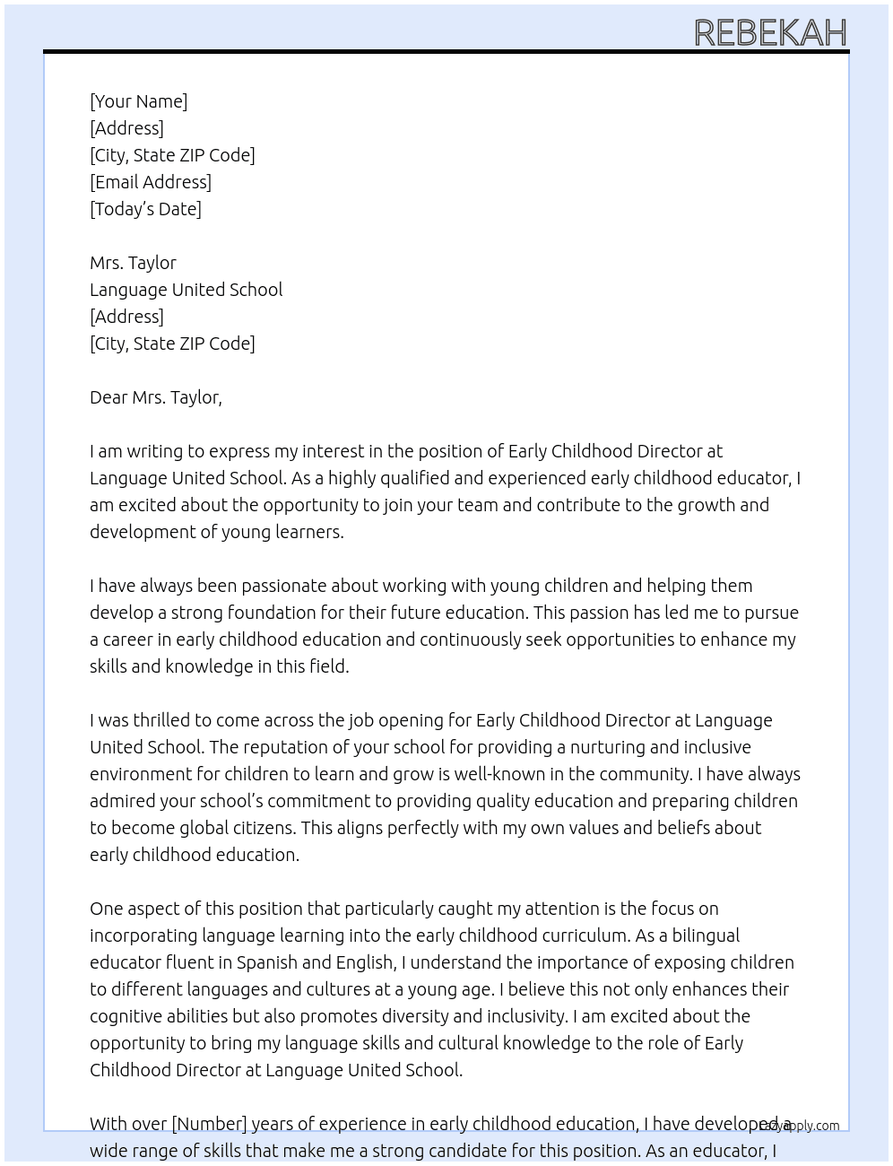 Early Childhood Director At Language United School Cover Letter