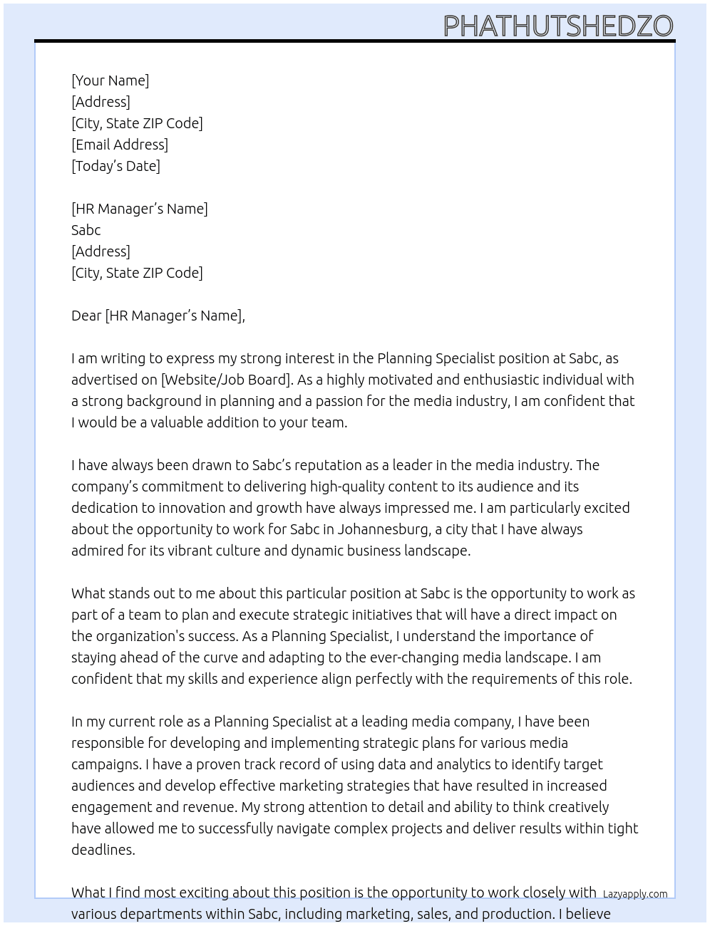 Planning specialist  At Sabc Cover Letter