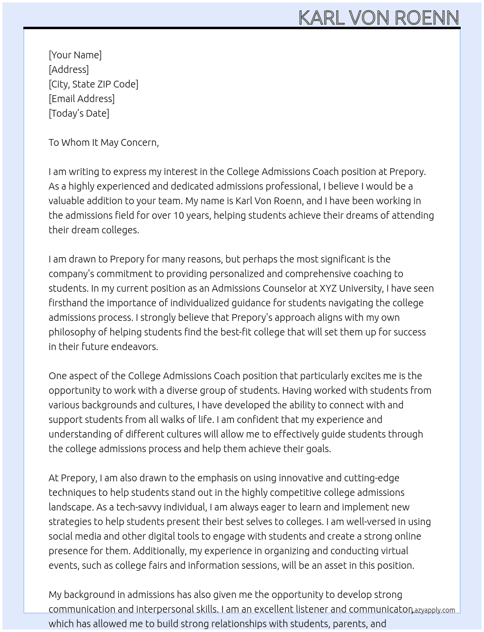 College Admissions Coach At Prepory Cover Letter