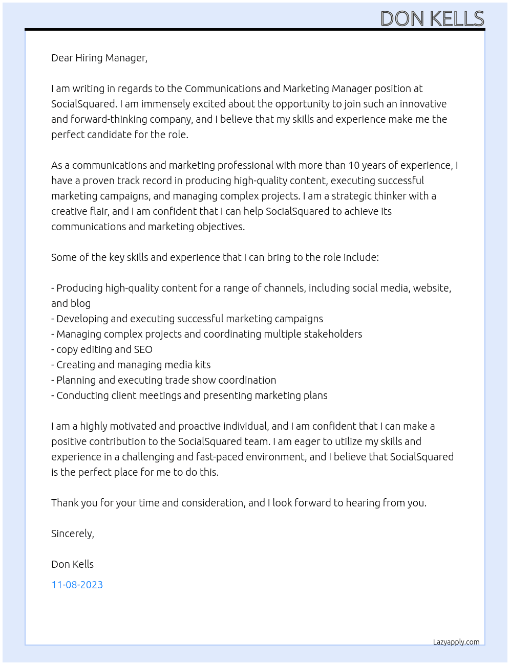 Communications and Marketing Manager At SocialSquared Cover Letter