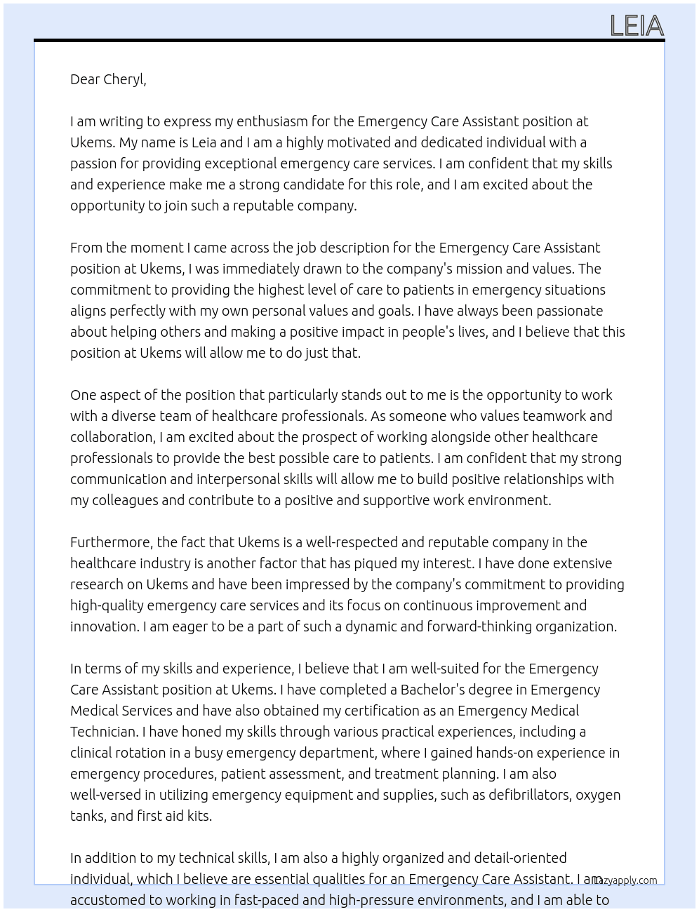 Emergency care assistant At Ukems Cover Letter