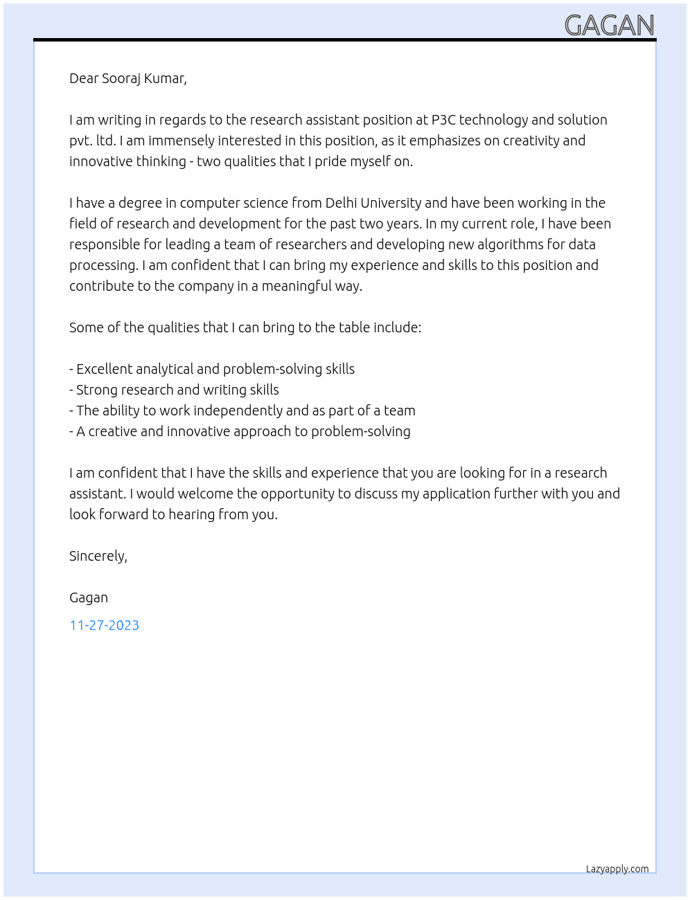 Research assistant At P3C technology and solution pvt. ltd. Cover Letter