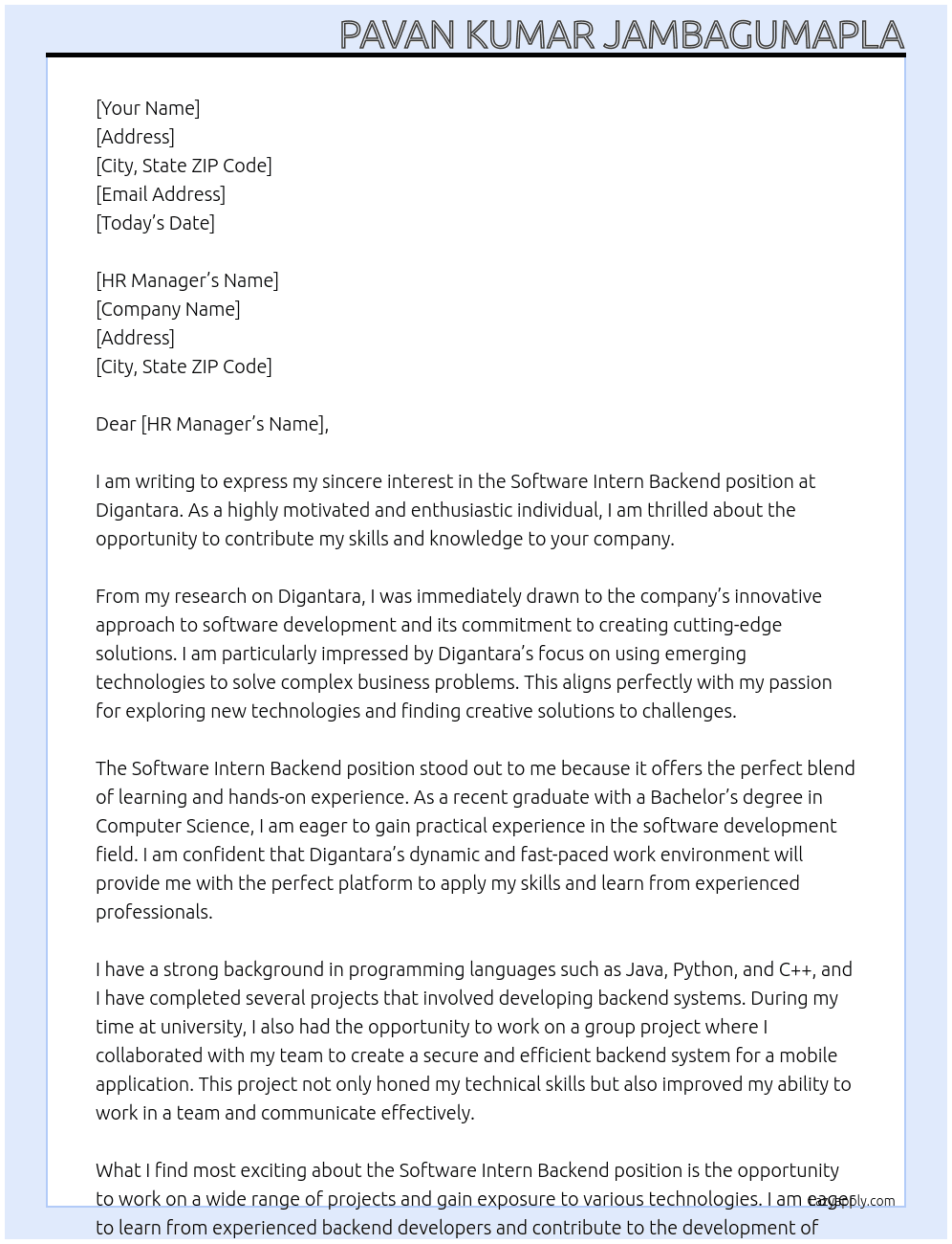 Software intern backend At Digantara Cover Letter