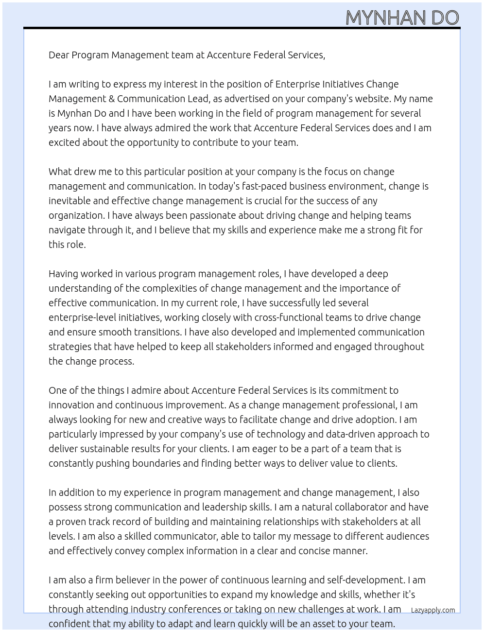 Enterprise Initiatives Change Management & Communication Lead At Accenture Federal Services Cover Letter