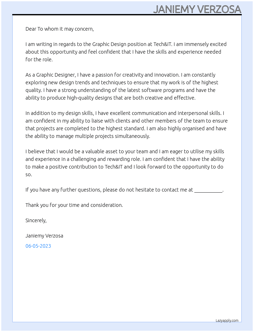 Graphic Design At Tech&IT Cover Letter