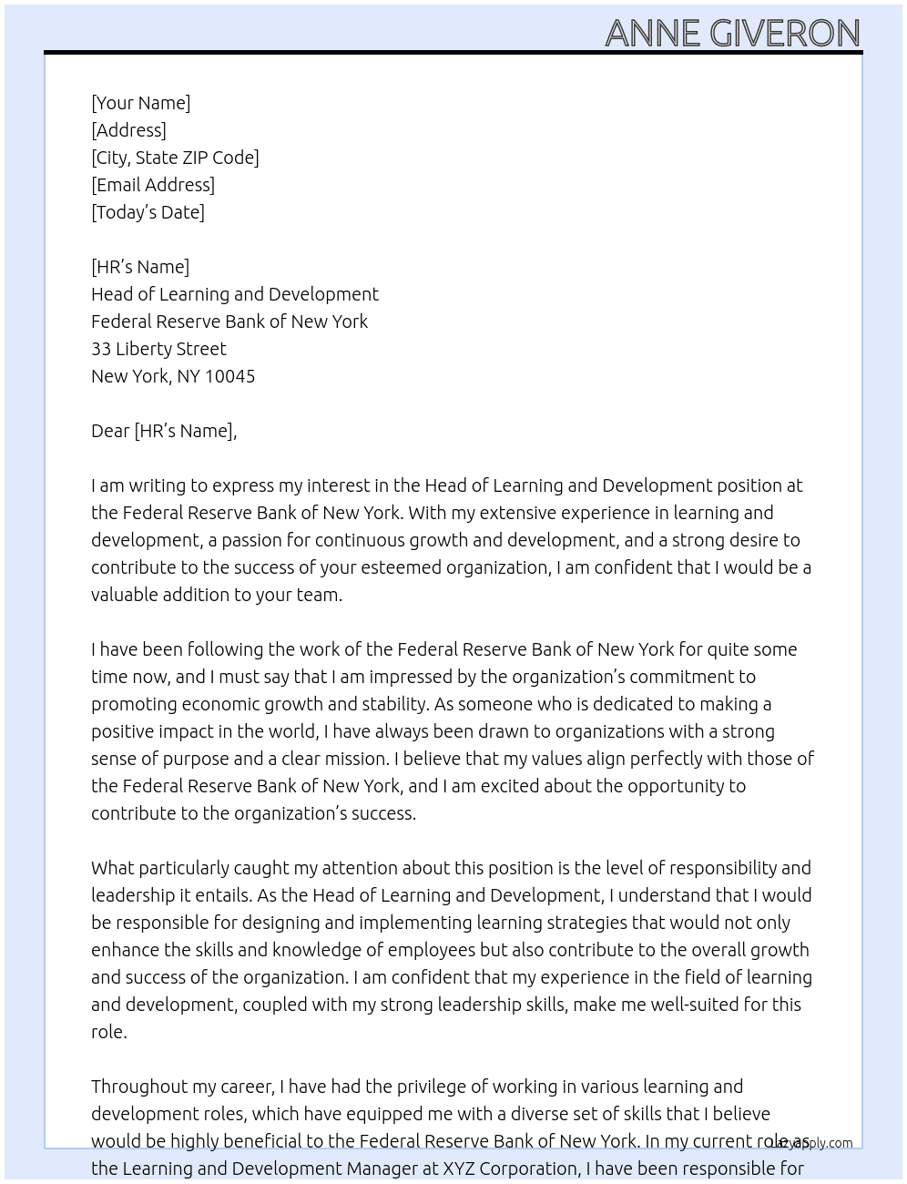 Head of Learning and Development At Federal Reserve Bank of New York Cover Letter