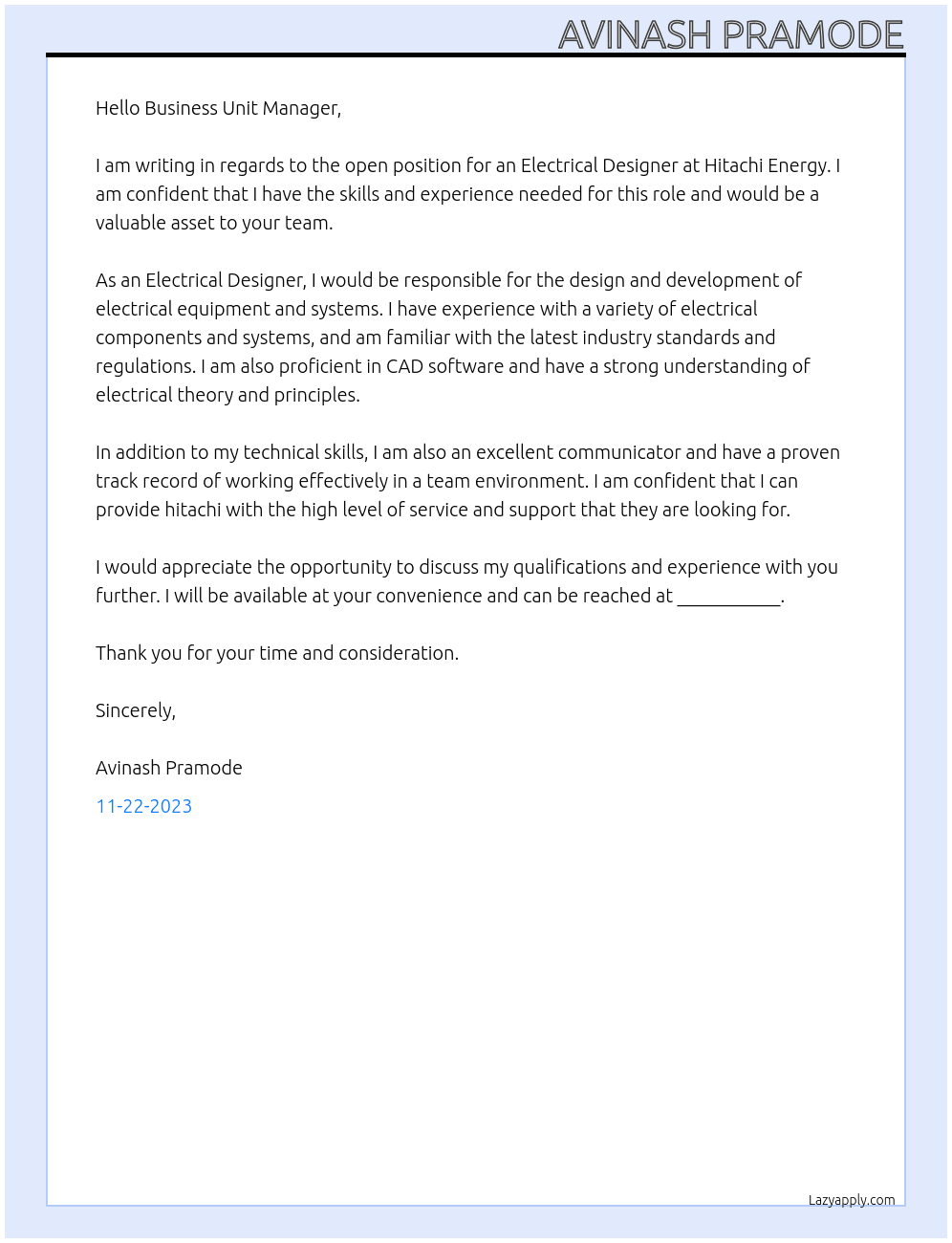 Electrical Designer At Hitachi Energy Cover Letter