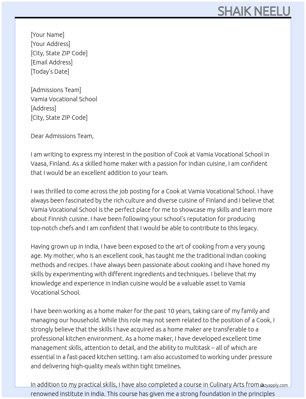 Cook At Vamia Vocational School, Vaasa, Finland Cover Letter