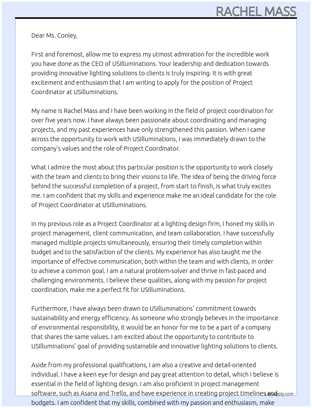 Project Coordinator At USIlluminations Cover Letter