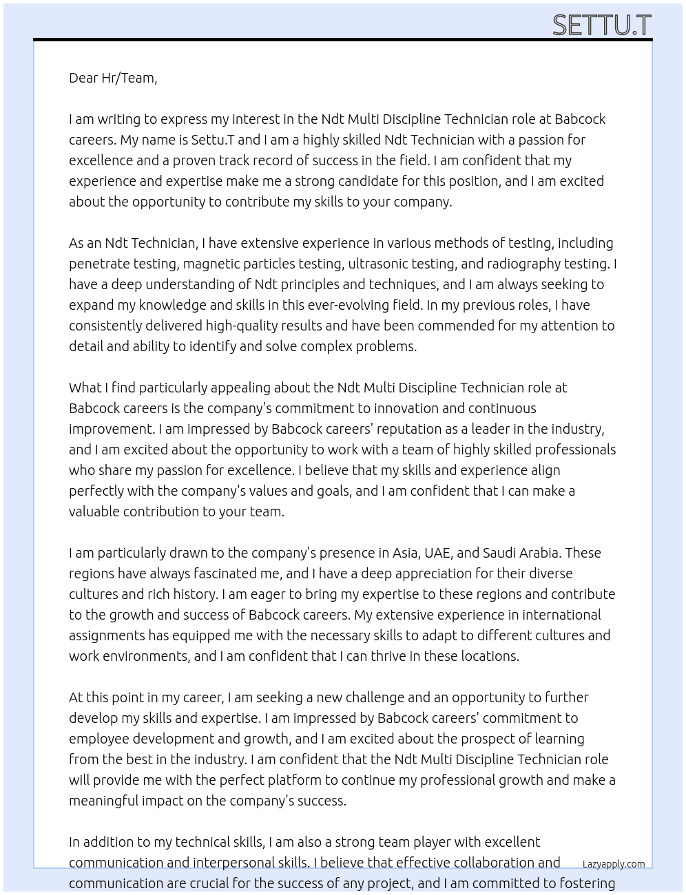 Ndt Technician At Babcock careers Cover Letter