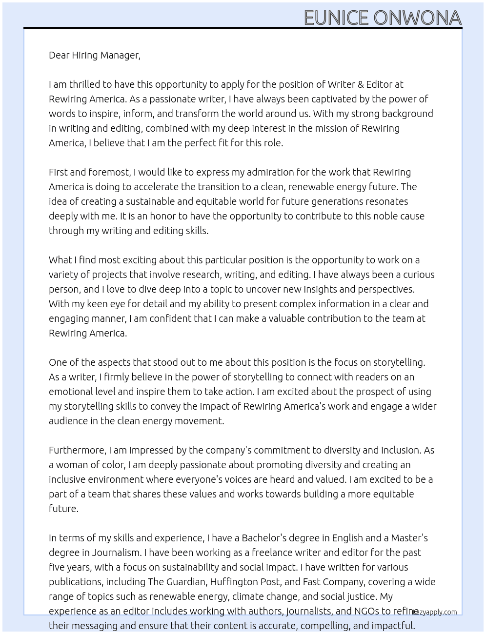 Writer & Editor At Rewiring America Cover Letter