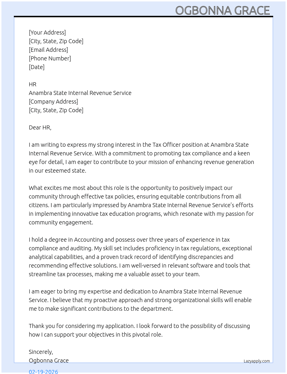 Tax officer  At Anambra state internal revenue  service  Cover Letter