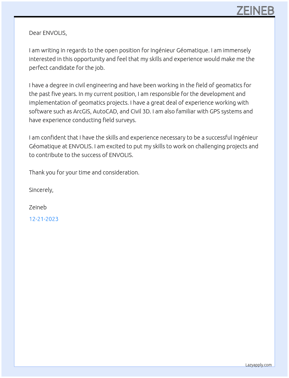 Ingénieur Géomatique At ENVOLIS Cover Letter