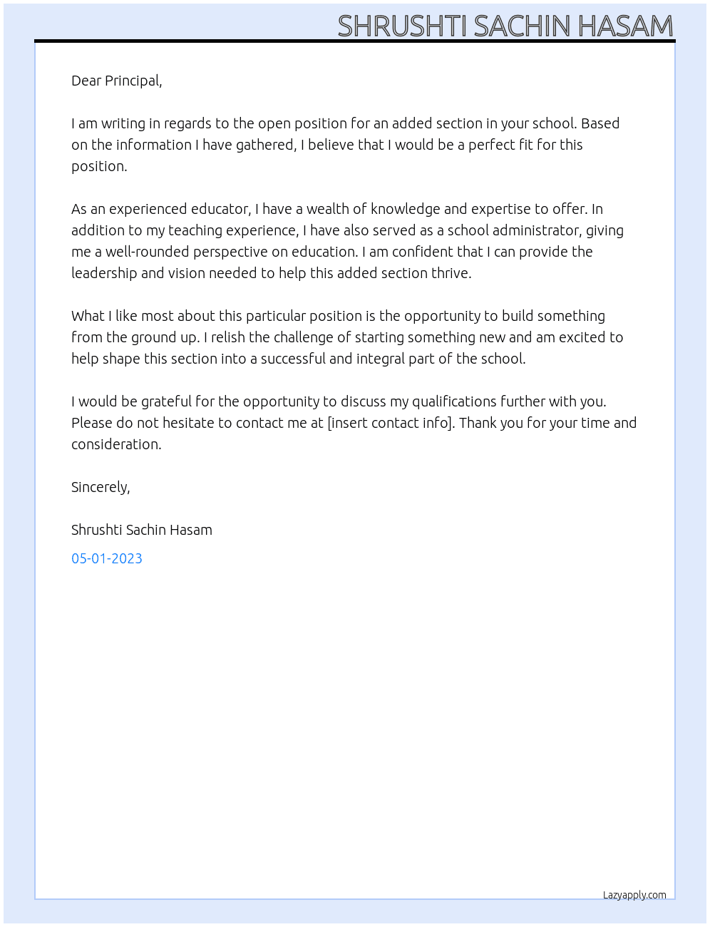 UNAdded   section to added section  At Abhinav college  Cover Letter