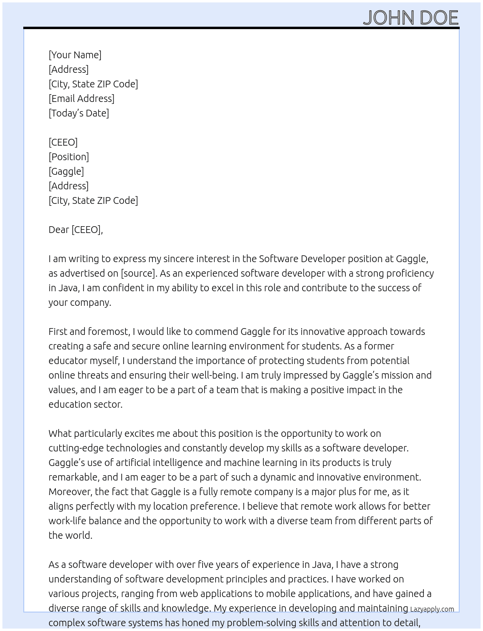 Software Developer At Gaggle Cover Letter