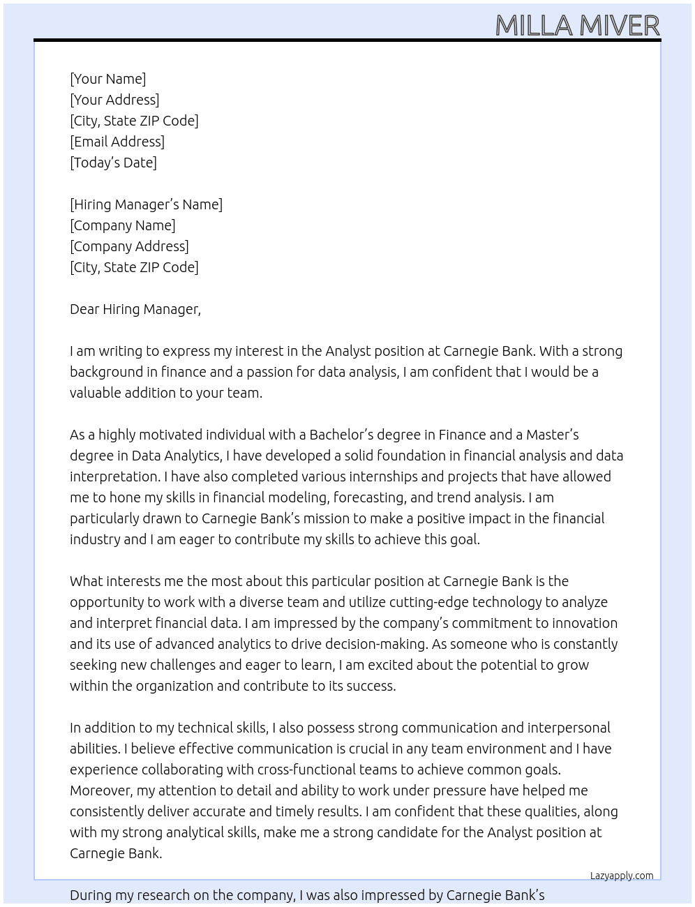 Analyst At Carnegie Bank Cover Letter